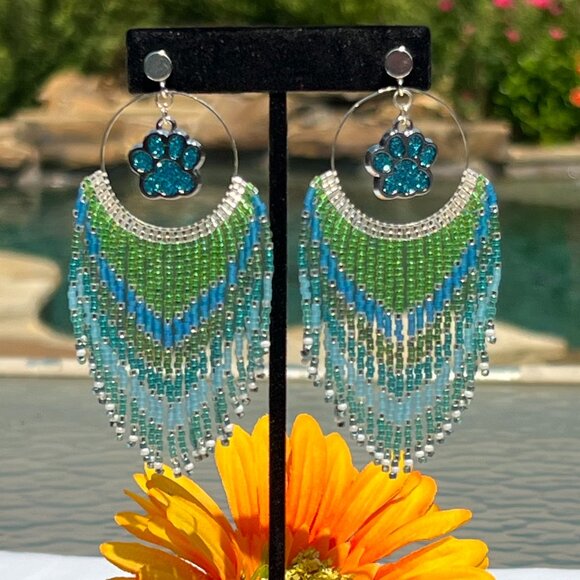 Handmade Beaded Long Fringe Paw Love Dangle Drop Lightweight Post Hoop Earrings - Picture 3 of 8